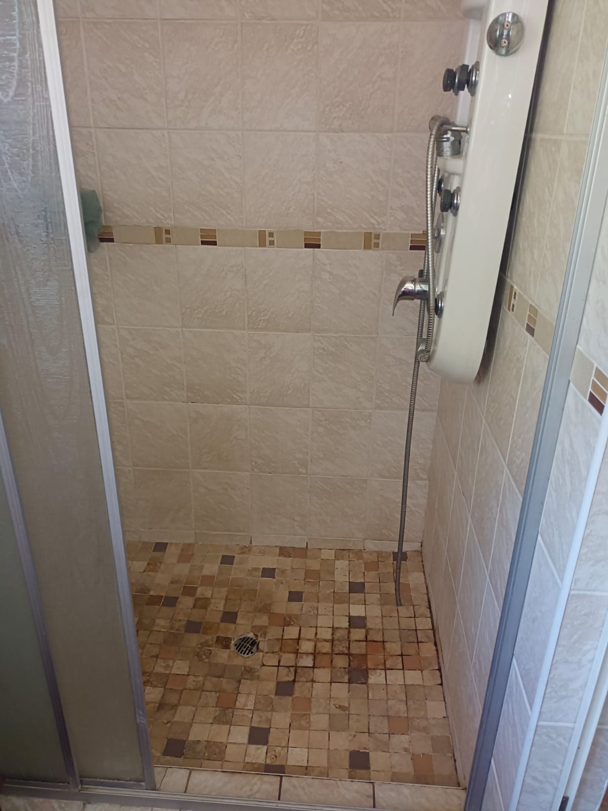 Tiled walk-in shower with mosaic floor, wall tiles and mounted shower panel